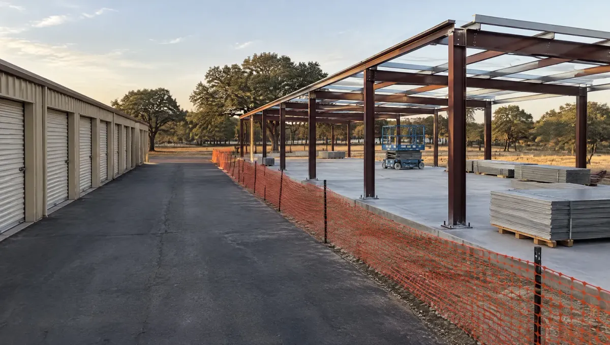 Steel frame for a new row of storage buildings on a fresh slab, fenced off from the paved drive aisle of an existing storage facility
