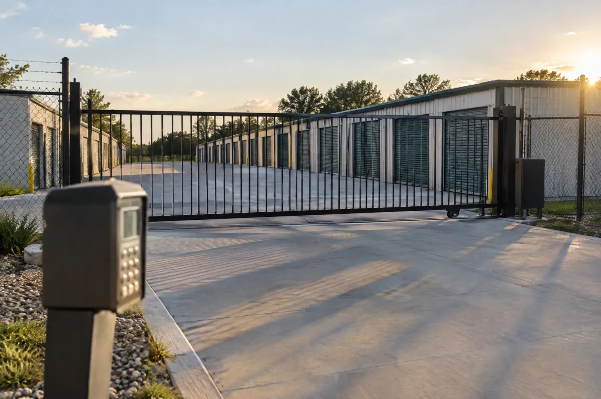 Sliding steel security gate and keypad post at the entrance to a self storage facility at sunset